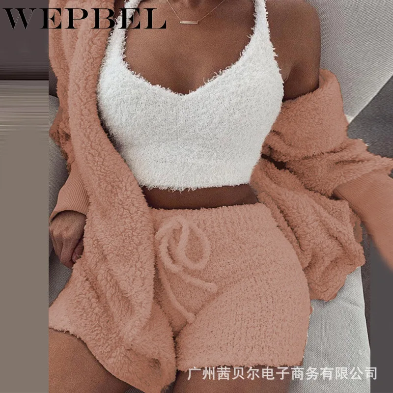 

WEPBEL Women Autumn Winter Suit Set Plush Casual Sports 2 Piece Set Ladies Long Sleeve Open Jacket Top + Shorts Suit Tracksuit