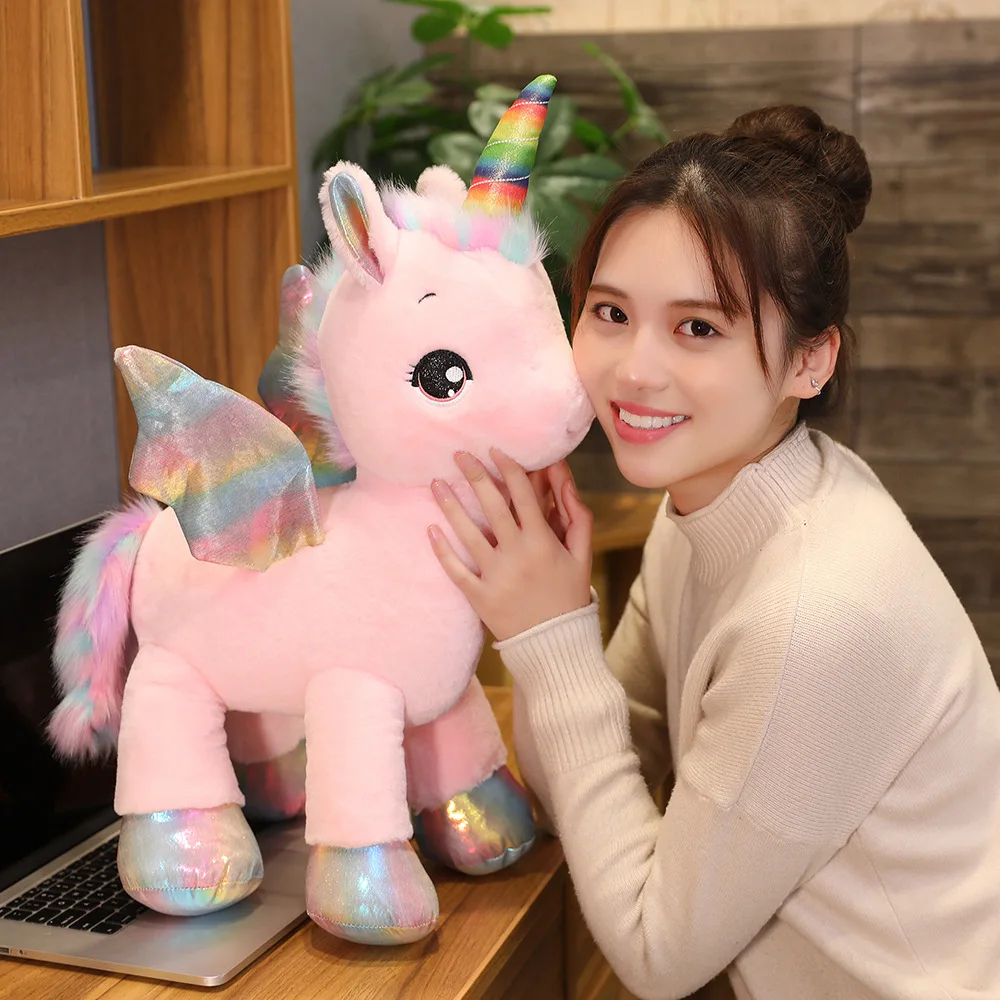 

40-100cm Glowing Wings Unicorns Plush toy Giant Unicorn Stuffed Animals Doll Fluffy Hair Fly Horse Toy for Child Xmas Gift