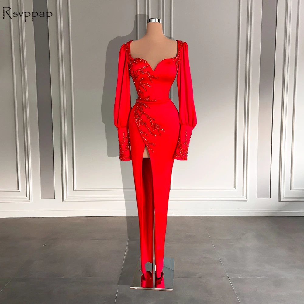 

Long Sleeve Real Women Evening Dresses 2022 Sweetheart Luxury Beaded Front Sllit Dubai Red Satin Formal Gowns