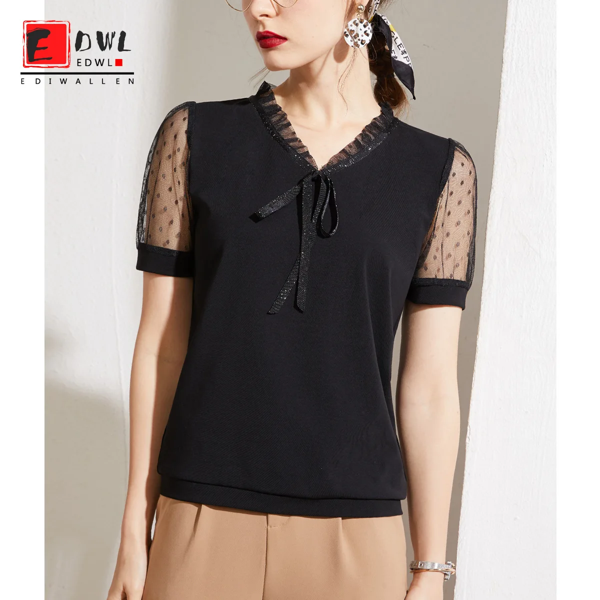 

Ediwallen 2021 Summer Ladies V-neck Short-sleeved T-shirt Lace-up Top Lace Mesh Puff Sleeve Women