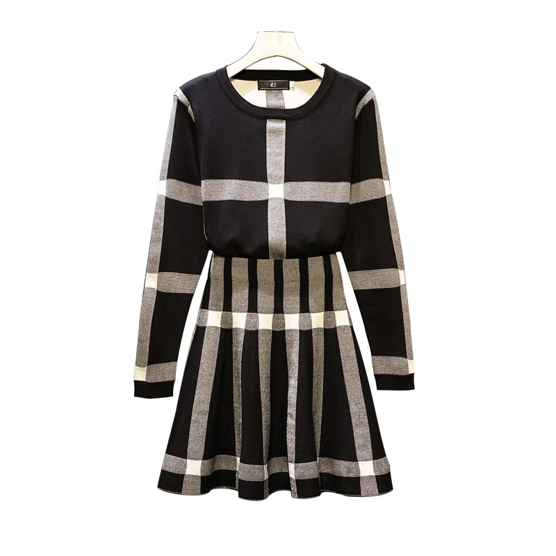 Женское платье большого размера модный тонкий вязаный свитер + юбка осенний