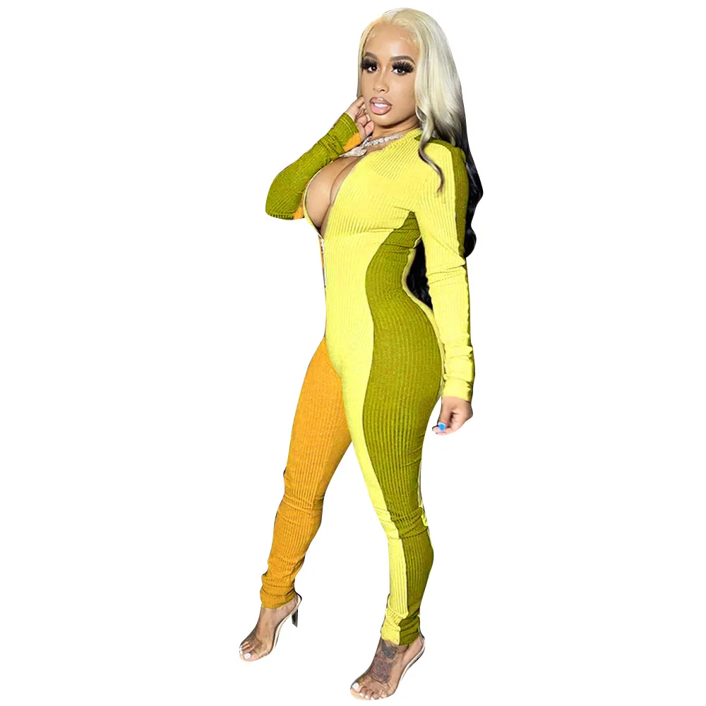 

2021 INS Hottest Contrast Colors Women Jumpsuits Nightclub Sexy V Neck Long Sleeves Skinny Party Rompers Real Photos Sports