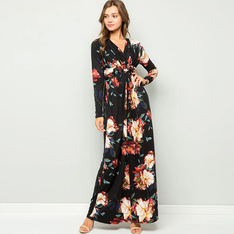 

Winter Casual Women Maxi Dress Long Sleeve V-neck Print Vestidos Autumn Fashion Elegant Lace Up A-line Long Dresses For Woman