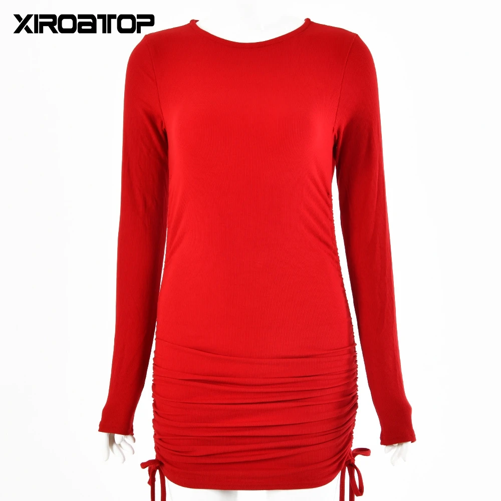 

Hot Sale 2021 Cotton Long sleeve Dress Spring Autumn Women Ruched Drawstring Slim Mini Dress Casual Streetwear O-Neck Dresses