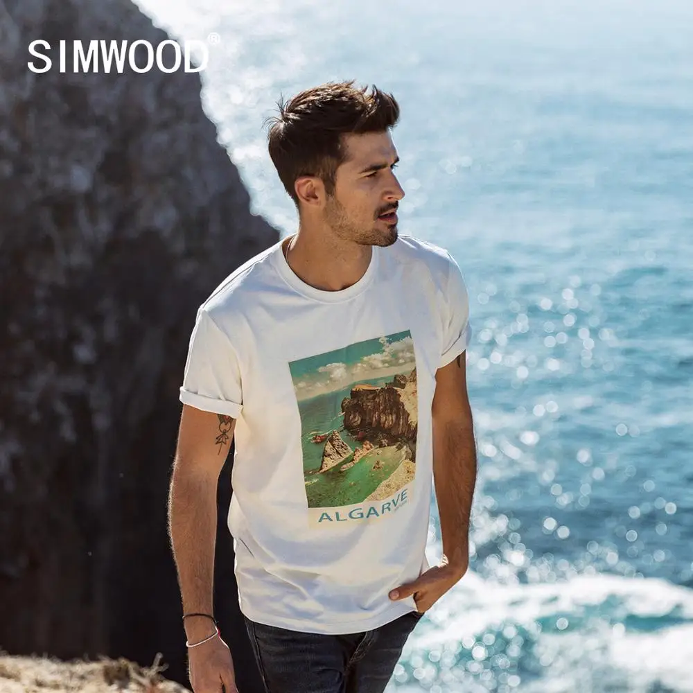 Мужская футболка SIMWOOD Стильная летняя из 100% хлопка с принтом в виде пейзажа