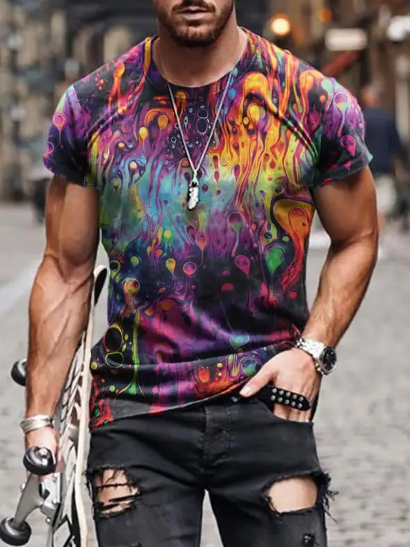 

Summer New Men Fashion Scrawl Harajuku Printed O Collared Ethnic Style T Shirts Men's Oversized Vintage Short Sleeve Tshirts