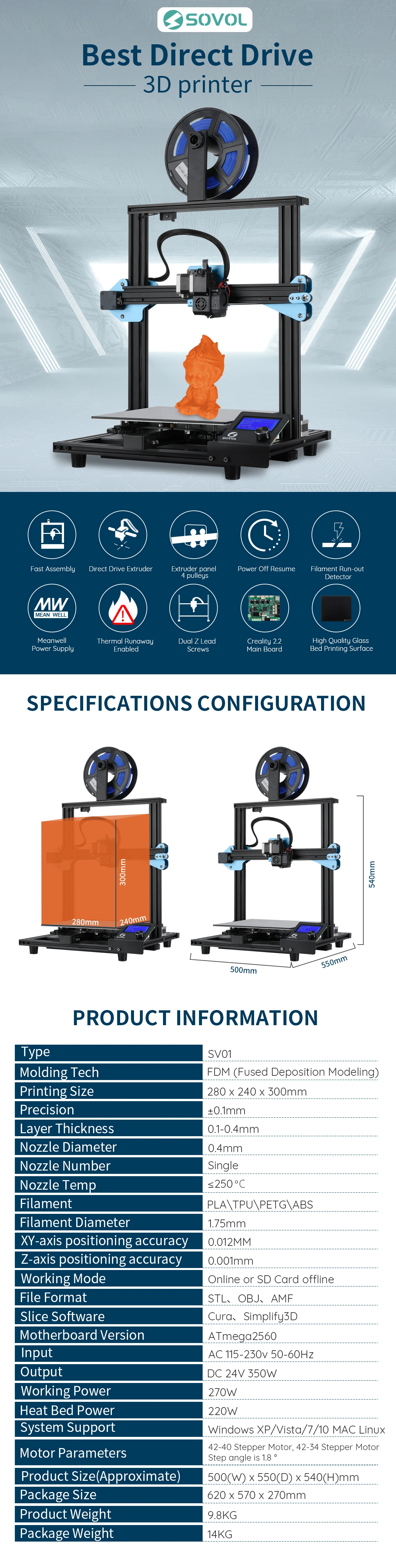 Newest 3D Printer Sovol SV01 Direct Drive Extruder Large Print Size 280*240*300mm Meanwell Power Supply Tempered Glass Bed