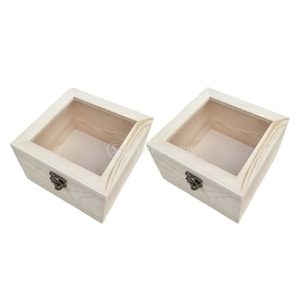 

2pcs Unpainted Wooden Case Glass Top Storage Container For Ring Displaying