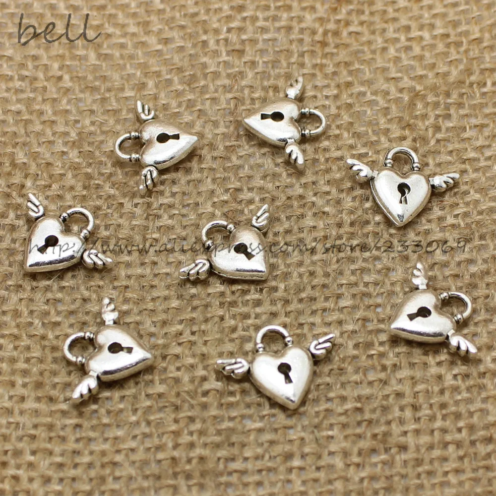 

Free shipping 60pcs 13*18mm Antique Silver color Color Alloy mini Wings Heart Charms lock cylinder Jewelry T0532