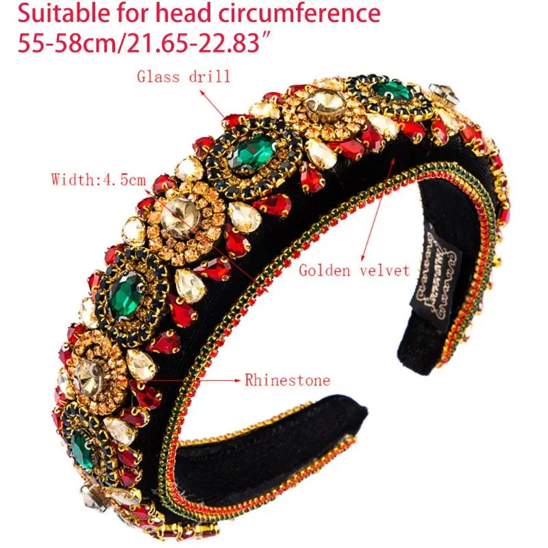 

Ladies Velvet Luxurious Headband Shimmer Colorful Rhinestone Bandana Crown Baroque Waterdrop Glass Drill Wide Hair Hoop