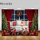 Рождественский фон Mocsicka, красные занавески, белый диван, окно, Рождественская елка, игрушка, кукла, Фотофон, реквизит для портретной детской фотосъемки