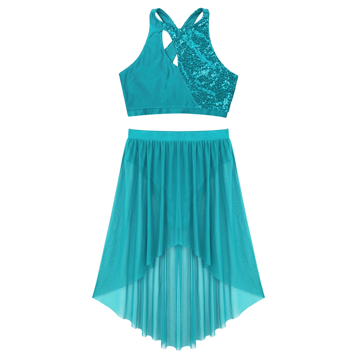 Women Adult Latin Dance Dress Modern Lyrical Ballet Belly Costume Outfit Asymmetrical Shiny Sequins Tank Crop Top &amp Mesh Skirt |