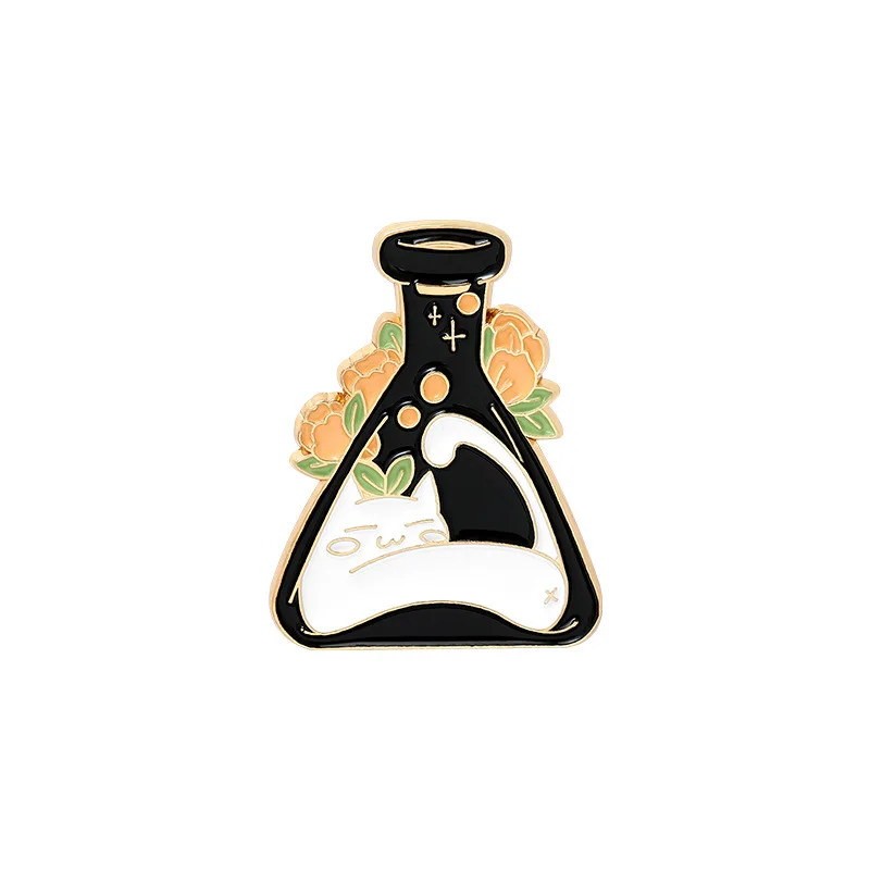 

White Cat Bowl Sleeping Brooch Kitten Brooch Under Black Hat Vintage Vase Witch Cat Hat Brooch Backpack Badge Lapel Pins