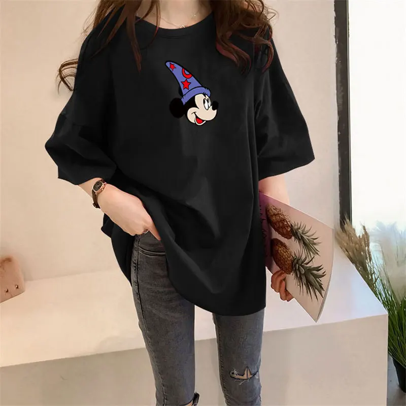 

Summer Mickey T-Shirt Ladies Mid-Length Cartoon Tops Loose Tees Shirt Streetwear Kawaii Women Clothing Femme Harajuku Top 2021