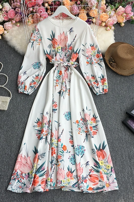 

Women's Spring Autumn Long Sleeve O Neck Floral Dress 2021 Vintage Holiday Beach Midi Dress Ladies Streetwear Vestidos