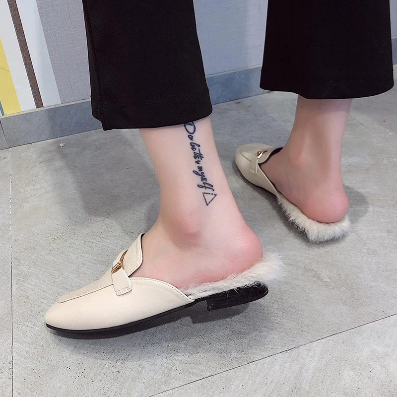 Меховые плюшевые тапочки с металлической пряжкой однотонные кожаные туфли