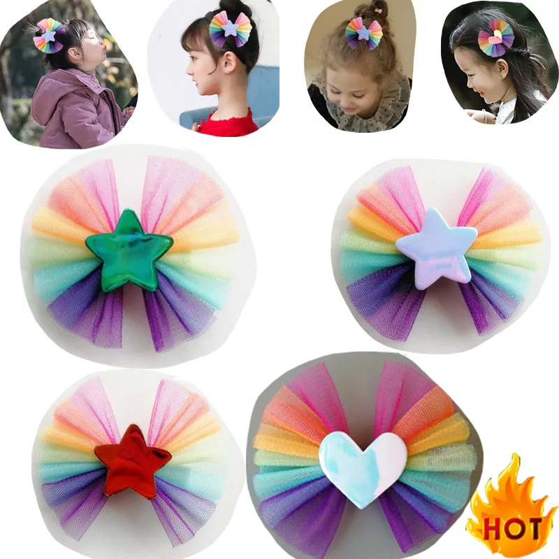 

2022 NEW Rainbow Net Yarn Bow Hairpin Symphony star heart 3.8INCH HAIR BOWS FOR Baby Girls Children's bow Hairpin Hair Clips