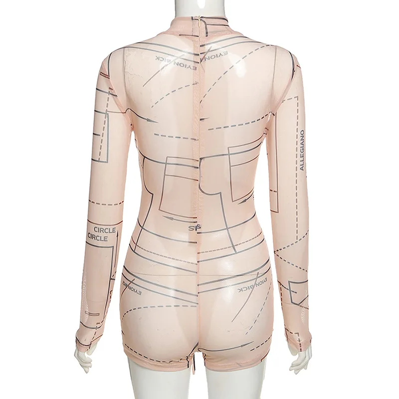 

Bodysuit Women Long Sleeve Turtleneck Printed Bodycon Jumpsuit Sexy Mesh Short Romper with Lace Up Party Wholesale Dropshipping