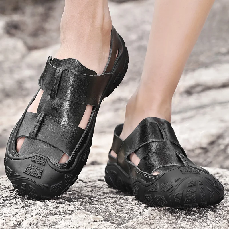 

CYYTL Men's Leather Sandals Summer Dual Slippers Closed Toe Leisure Comfortable Beach Fisherman Outdoor Hiking Shoes Anti Skid