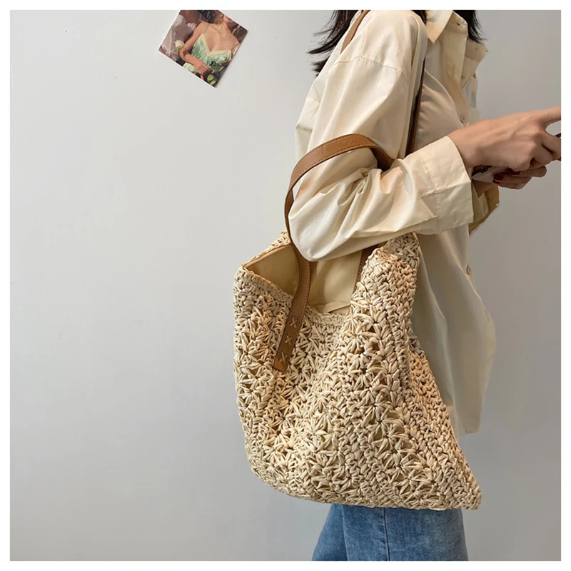 

OIMG Fashion Women Summer Straw Large Tote Bag Beach Casual Shoulder Bags Handbags Handmade Basket Storage Shopping bags