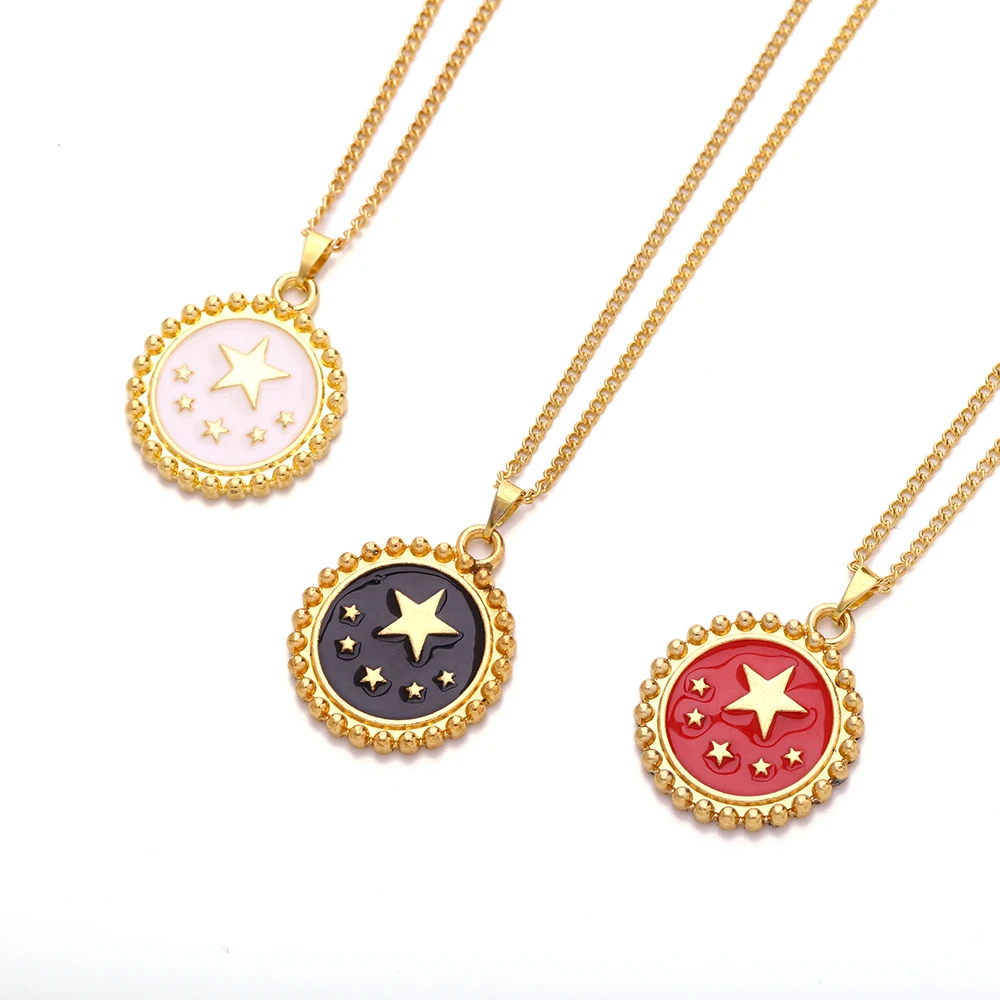 

2020 New Red White Black Enamel Star Pattern Gold Coin Necklace For Women Ladies Heart Pendant Necklaces Jewelry Accessories