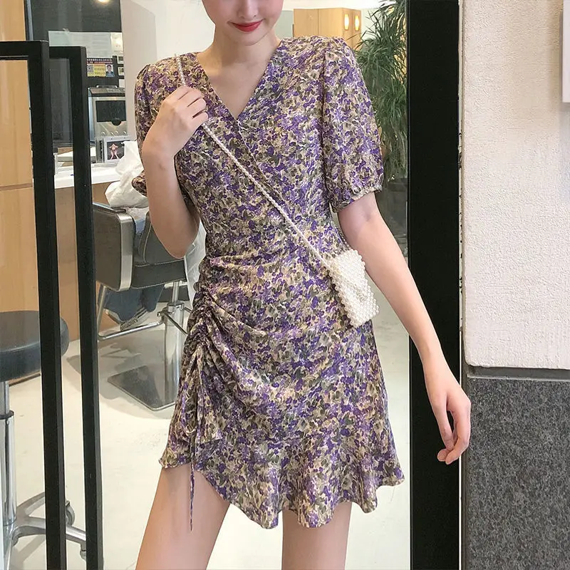 

2021 Sweet Lace-Up Dresses Women Summer Pastoral Vintage Floral Print Mini Dress Party Beach Sexy Vestidos Ladies New