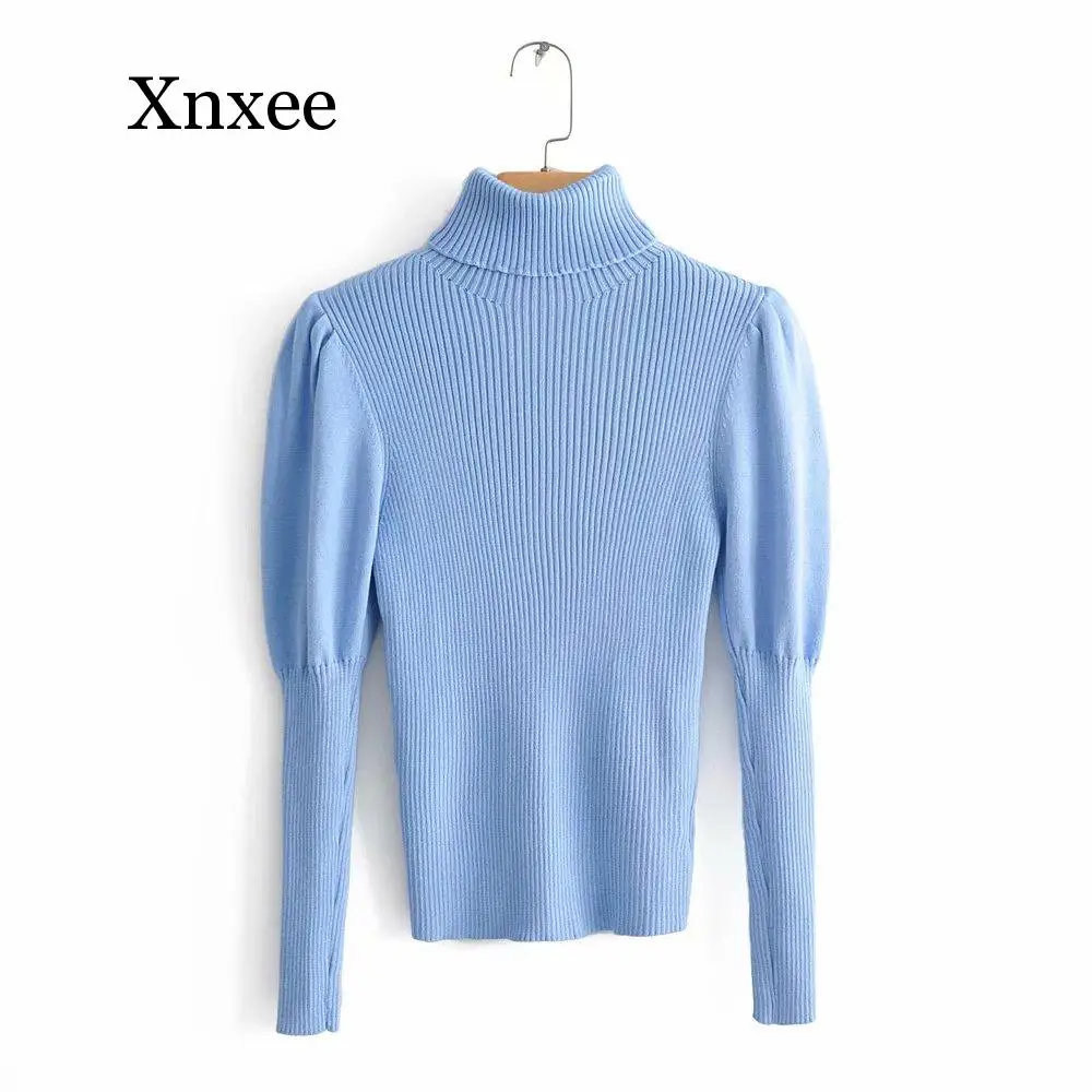 

2019 women fashion turtleneck puff sleeve basic knitting sweater autumn solid color casual slim pullovers chic leisure tops