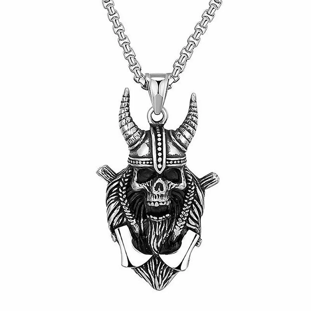 

Mens Stainless Steel Viking Motorcycle Punk Biker Skull Pendant Necklace