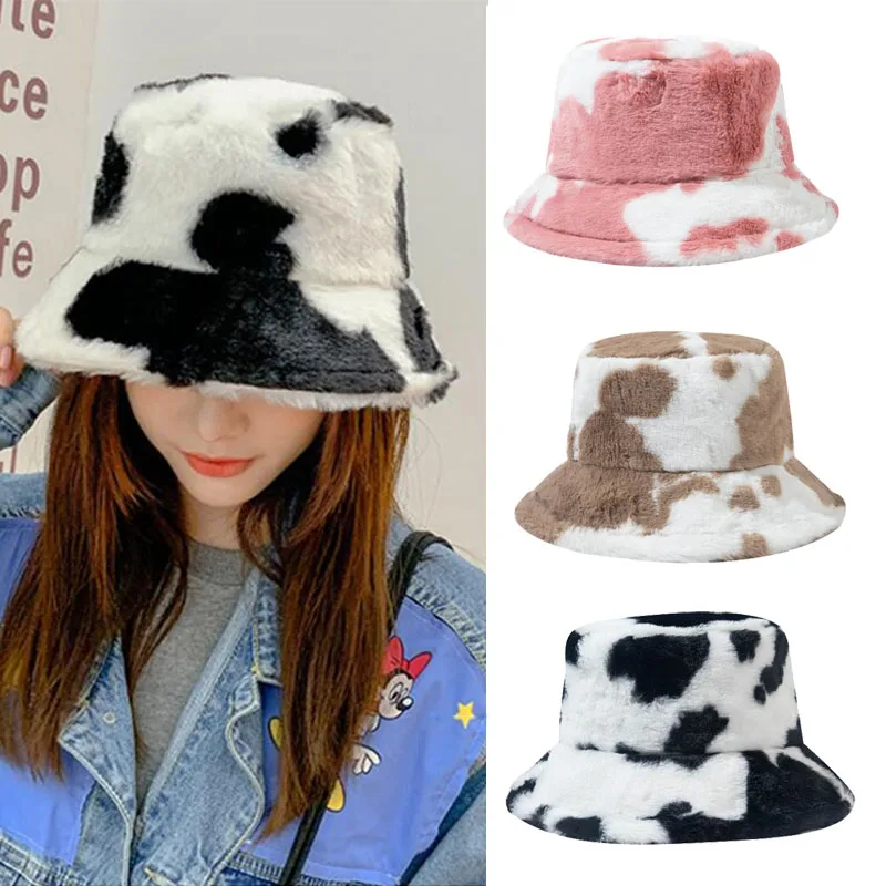 

Hot Selling Winter Cow Print Women Bucket Hat Faux Fur Fluffy Plush Lady Warm Outdoor Fur Female Fisherman Flat Cap