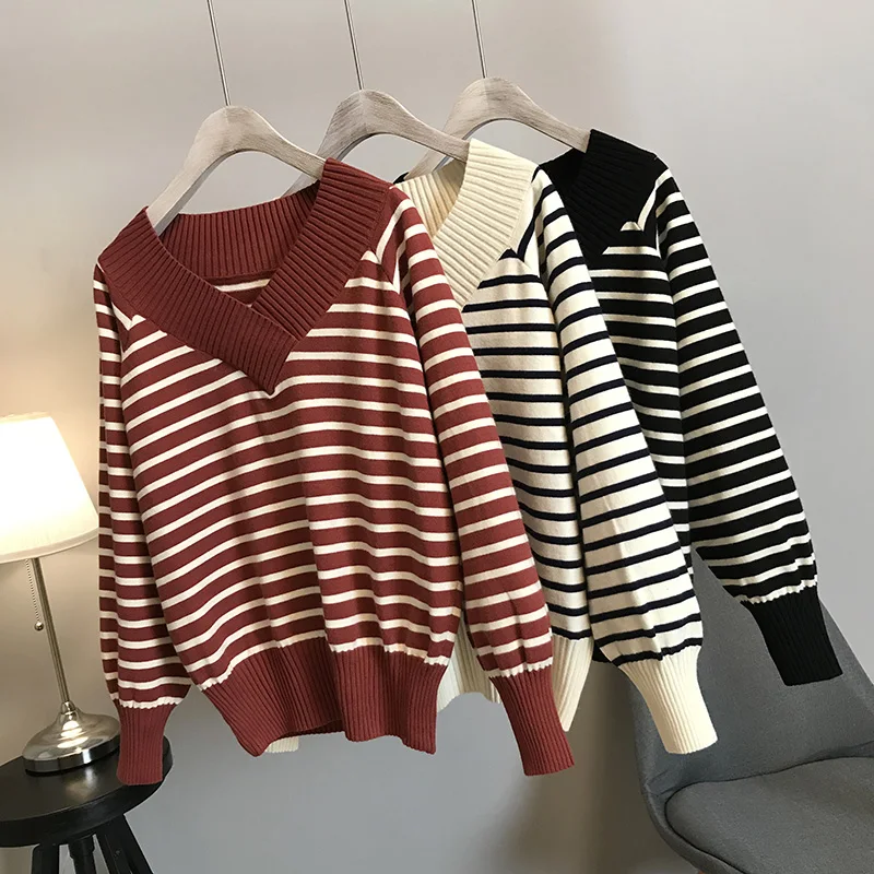 Striped Sweater Women Autumn Winter V Neck Loose Casual Cozy Knitted Pullover Truien Dames Pull Femme Jumper Knitwear | Женская одежда
