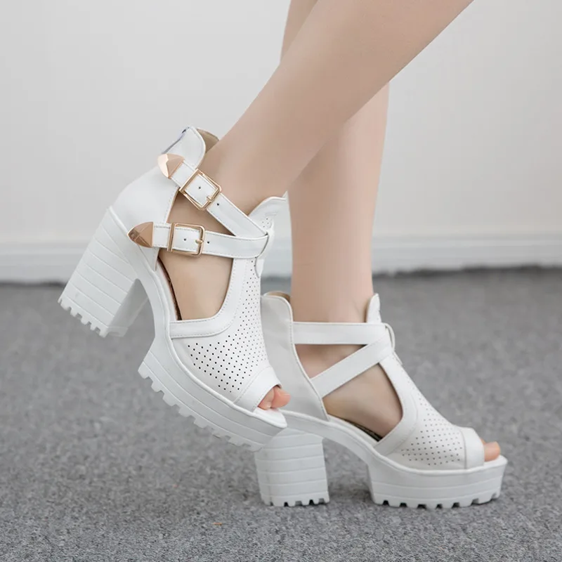 

Summer Platform Sandals Women Shoes Peep Toe Buckle Strap Female Shoes Hollow Out Square Heels Leisure Solid Women Sandalias