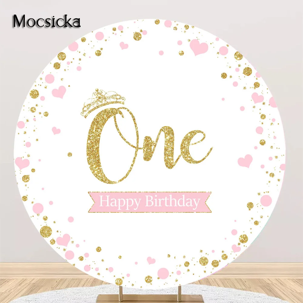 Children One Birthday Backdrop Sweet Princess Happy 1st Birthday Cake Table Background Decorations Golden Dots Round Backdrops
