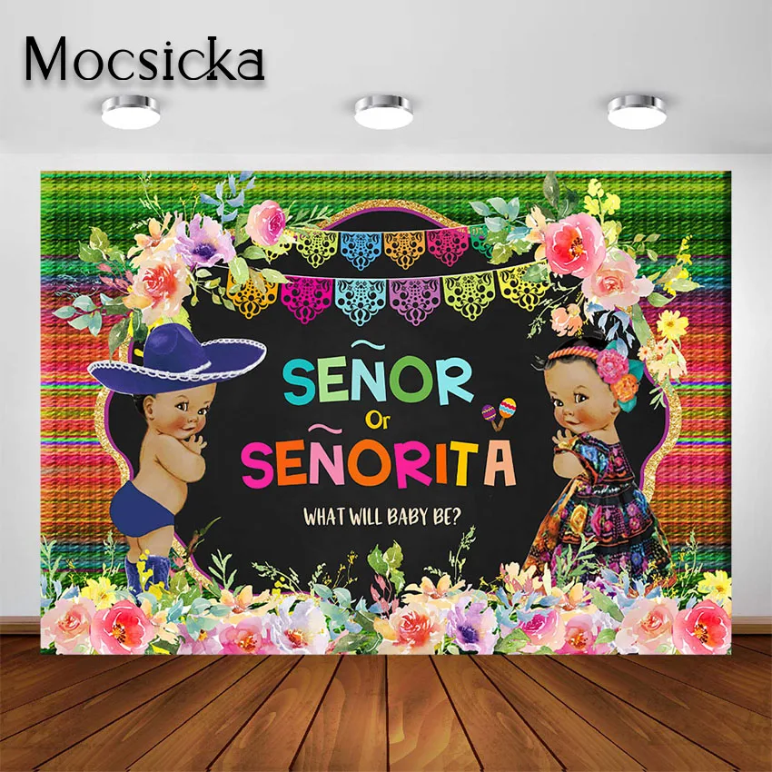 

Mocsicka Fiesta Gender Reveal Party Backdrop Mexican Fiesta Senor or Senorita Baby He or She Party Decoration Background