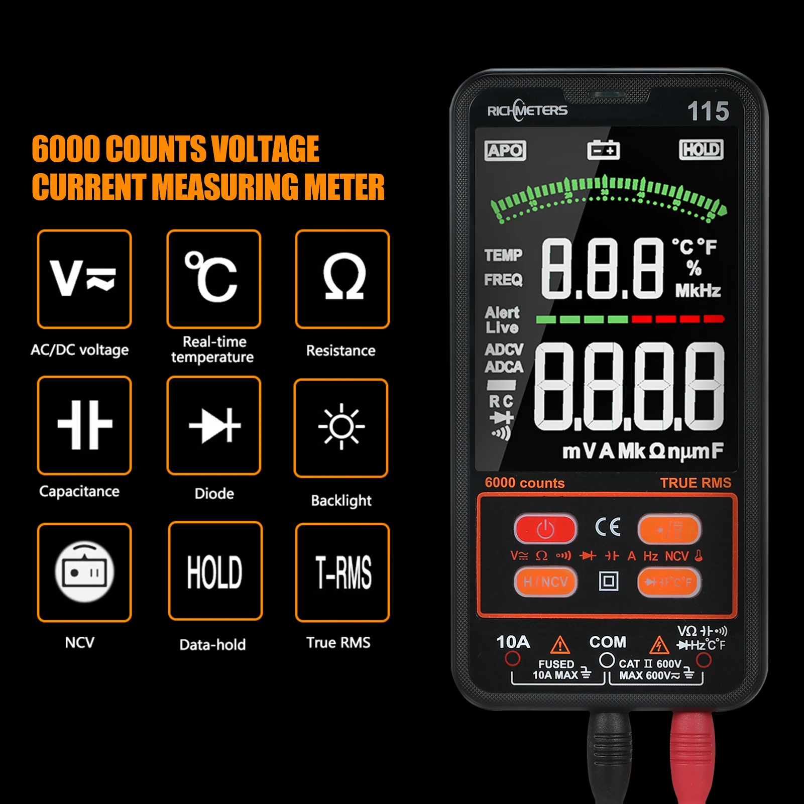 Цифровой мультиметр RICHMETERS RM115 с большим ЖК-дисплеем 6000 отсчетов True RMS напряжение