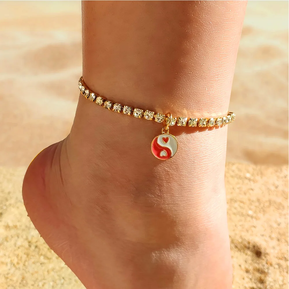 Просто почувствуйте Корея Сияющая Кристалловая цепочка для тенниса для женщин Многоцветный эмаль Янь-йин Круглый геометрический оберег Браслет для ног.