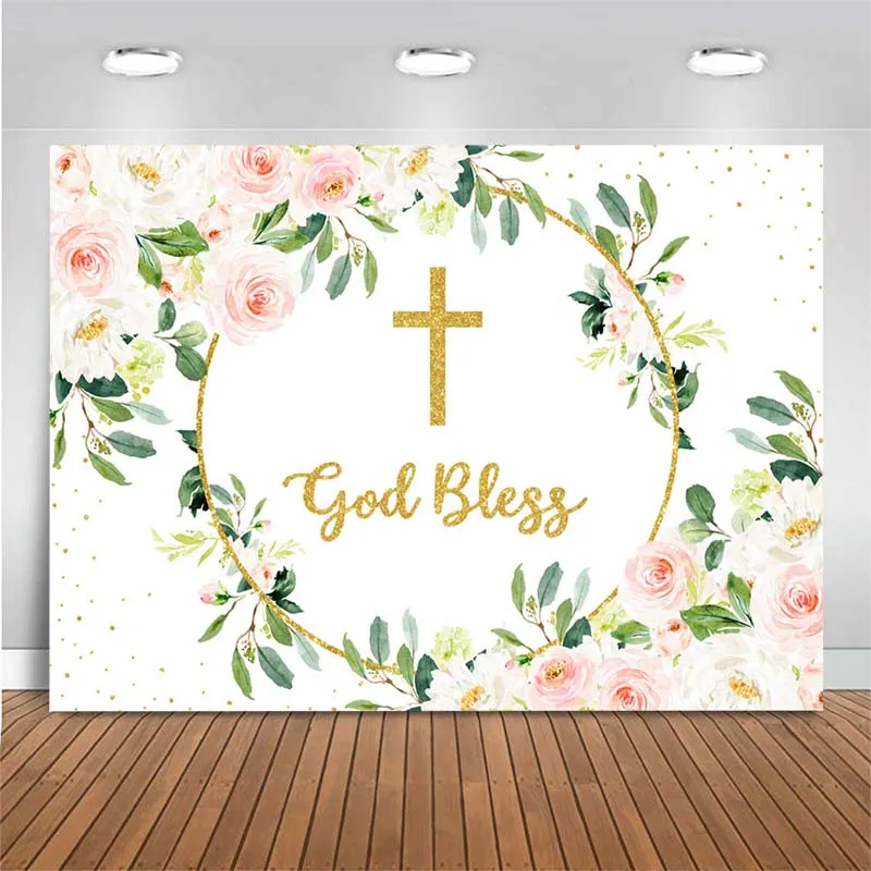 

Baby Shower Backdrop God Bless Newborn Baby Baptism Flower Green Leaf Family Shoot Party Photocall Photo Background Photo Studio