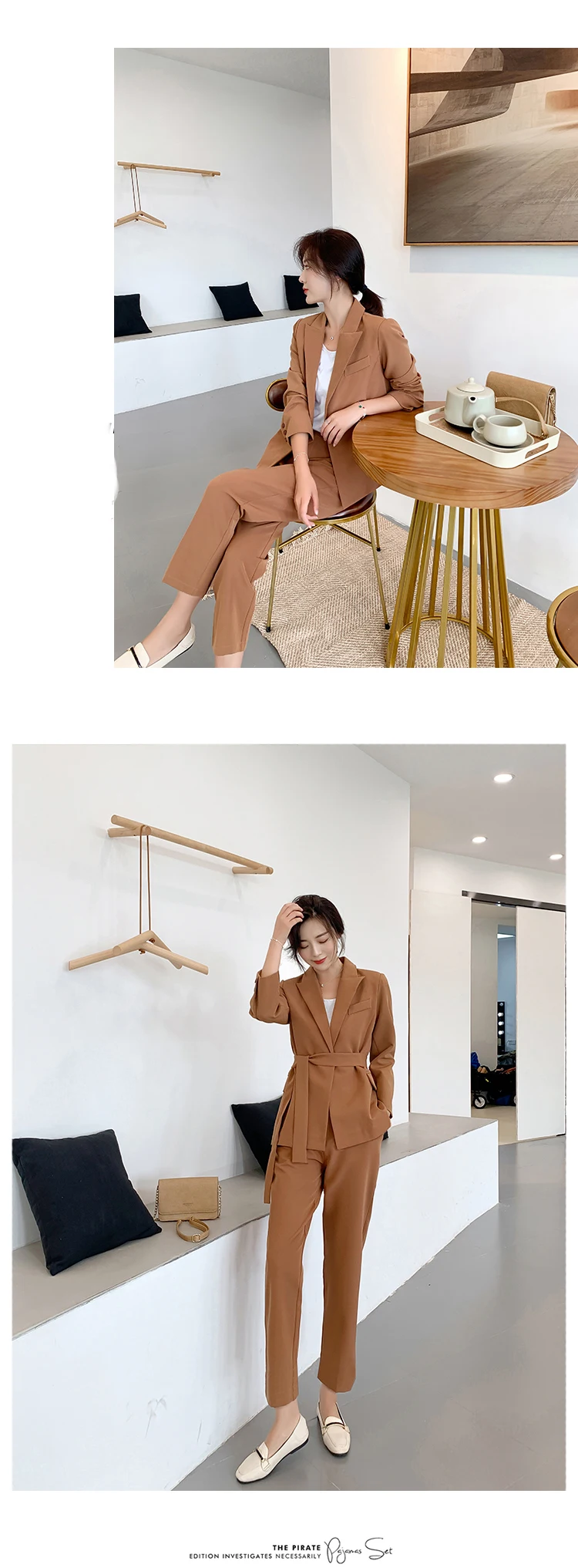 New Arrival Women Notched Long Sleeve Blazer With Belt Straight Long Pants 2 Piece Set Female Caramel Casual Pants Suit S98302F