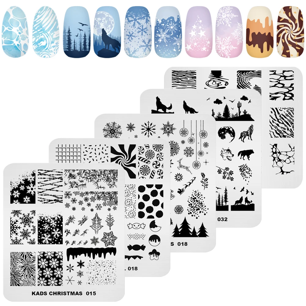 

KADS 5pcs Christmas Nail Stamping Plates Set Snowflake Tree Wolf Image Design Nail Template Stencil Tool DIY Manicure Print Kit