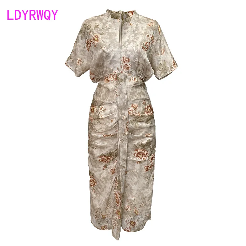 

2021 summer new style V-neck gold silk begonia flower print waist light cooked style dress Knee-Length Office Lady