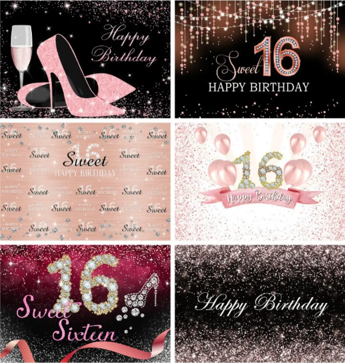 

Фон для фотосъемки с изображением милого 16-го дня рождения для взрослых и девушек торта десертов стола баннер Блестящий Сияющий фон для фотосъемки