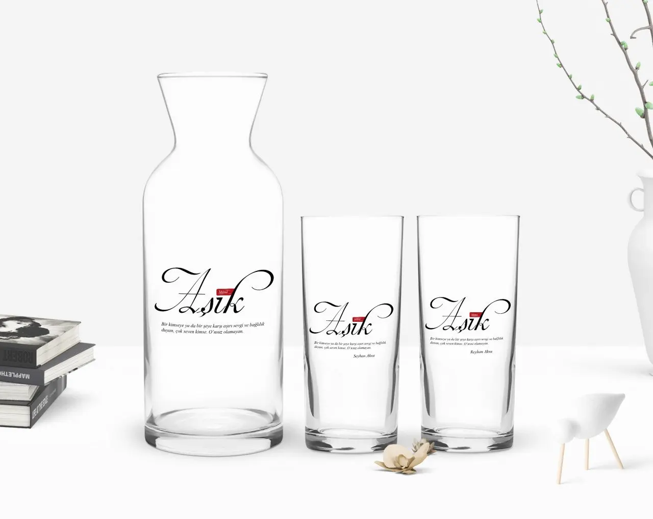 

Персонализированные Цветные принты Mânâ прогонами дизайн двойной Arrack чашки и графин подарок Seti-1