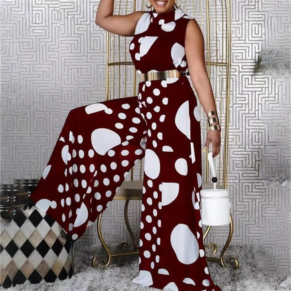 

2021 Women Summer Sleeveless Polka Dot Printed Pockets Jumpsuits Overalls Female Beach Bodysuit Women One Piece Wide Leg Romper