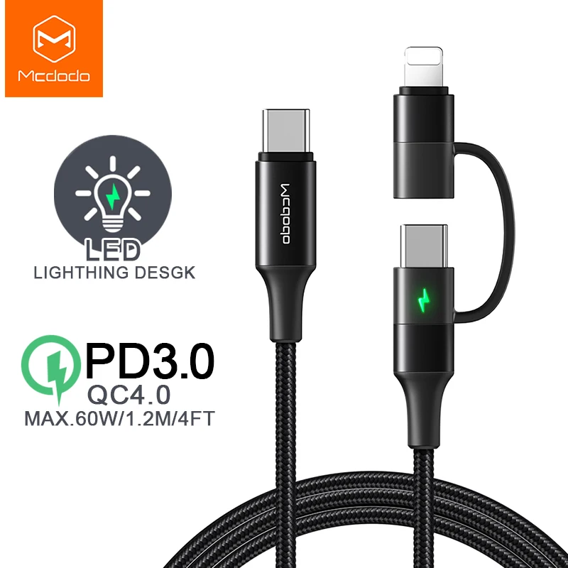 Mcdodo 60 Вт usb type C кабель для USB-C PD Быстрая зарядка для IPhone Xs Max XR X IPad Pro Macbook huawei samsung 2 в 1 шнур зарядного устройства