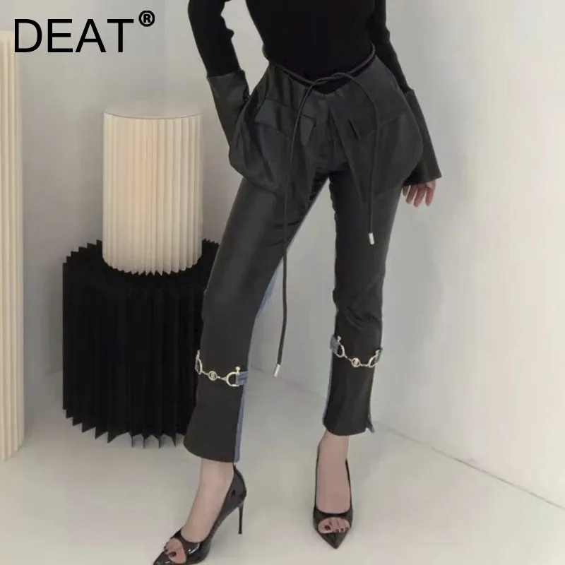 

Женские джинсовые брюки DEAT, длинные брюки из искусственной кожи с высокой талией, модель 7E2518 на осень и зиму, 2021