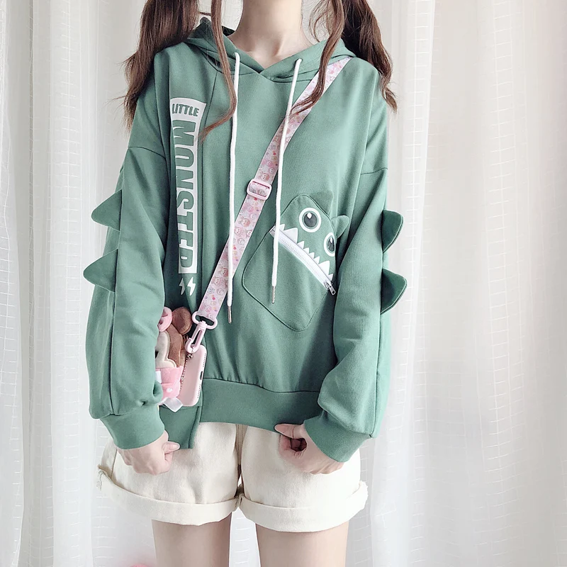 Корейский Харадзюку милые маленькие монстры шаблон с капюшоном длинным рукавом