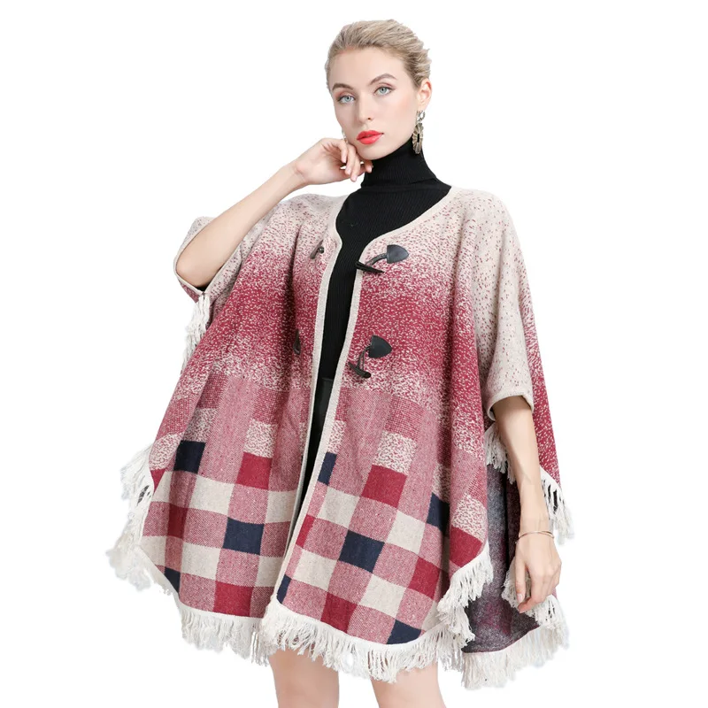 

2020 Oversize Gradients Plaid Cape Autumn Women Knitted Horn Button Cardigans Female Tassel Vintage Open Stitch Loose Sweater