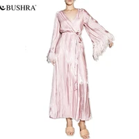 bushra sweet pink crepe long dress side split with feather tassels lace up loose summer women clothing pajama look