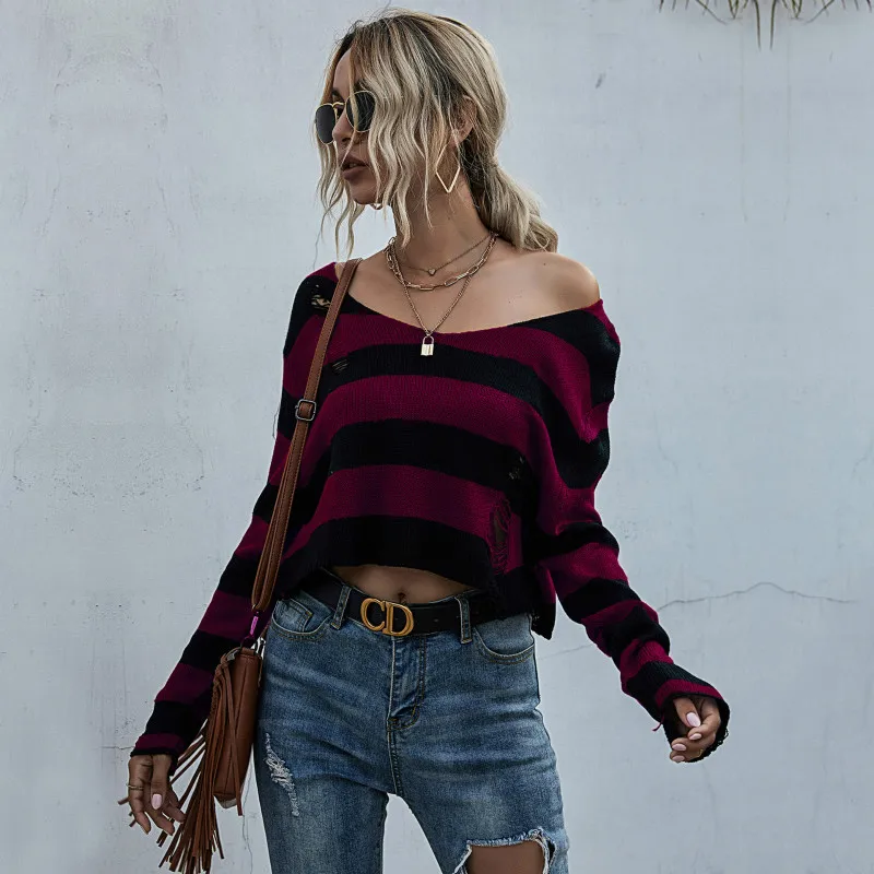 

Women Green and Blue Striped Sweater Women V-Neck Green Stripped Sweater New Oversized Knit Long Jumpers Female Pullovers Tops