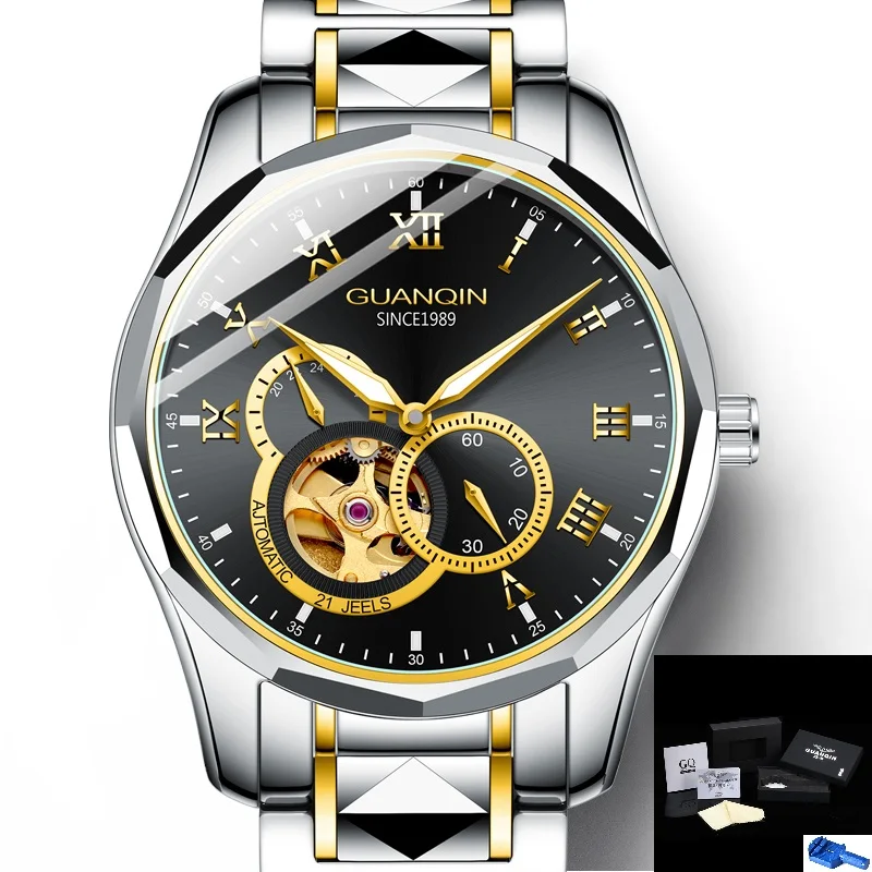 Gold Black Tool Мужские часы GUANQIN GJ16128 автоматические механические часы Вольфрамовая сталь японский механизм Miyota кнопка скрытая застежка мужские часы - Цвет: Gold Black Tool