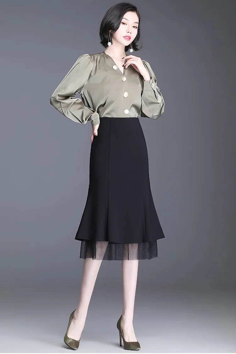 

Women Fashion Splice Mesh High Waist Mid-long Fishtail Skirt Spring Autumn Office Lady Elegant Bodycon Work Skirts Plus Size 4XL